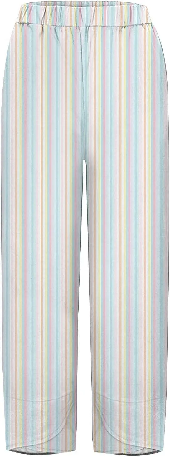 Striped Linen Pants for Women Summer Casual Wide Leg Capri Trousers with Pockets Beach Pull On Cropped Palazzo Pant