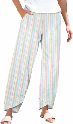Striped Linen Pants for Women Summer Casual Wide Leg Capri Trousers with Pockets Beach Pull On Cropped Palazzo Pant