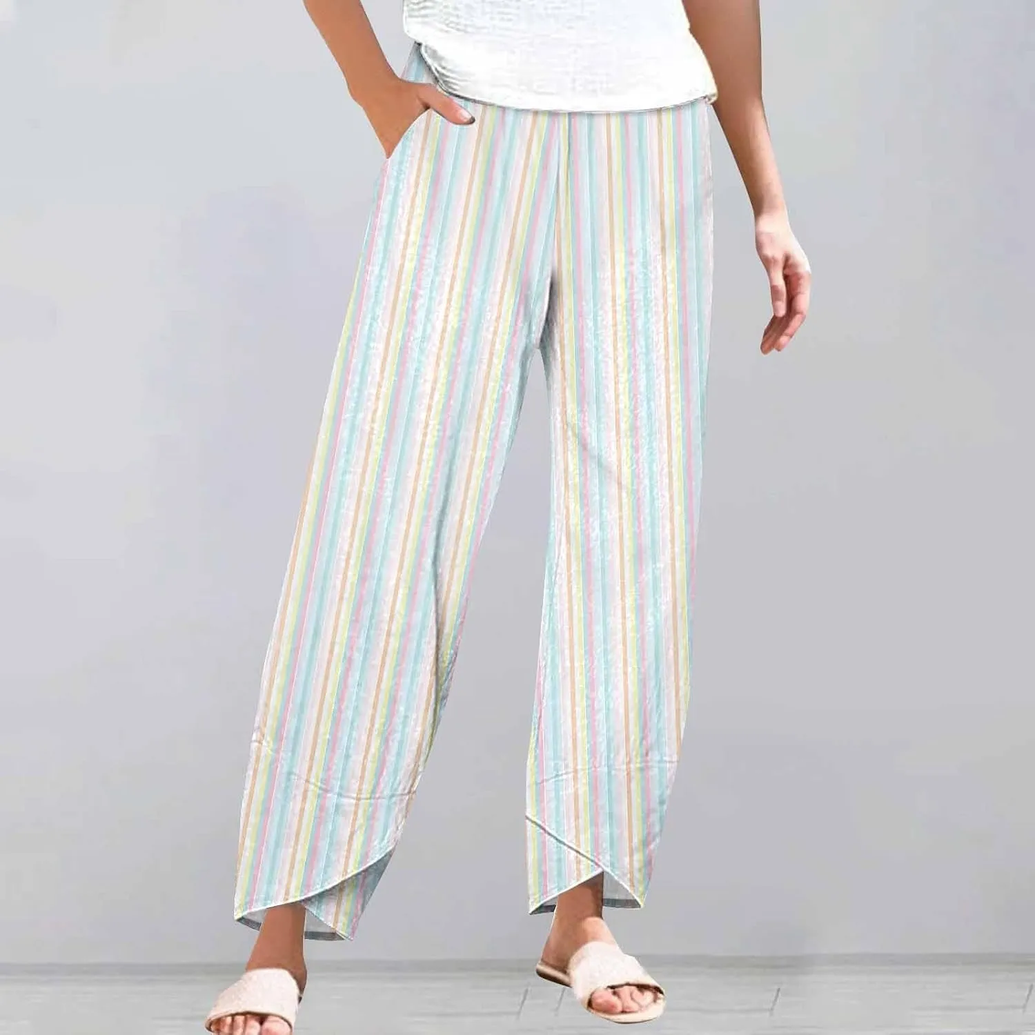 Striped Linen Pants for Women Summer Casual Wide Leg Capri Trousers with Pockets Beach Pull On Cropped Palazzo Pant