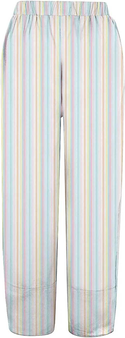 Striped Linen Pants for Women Summer Casual Wide Leg Capri Trousers with Pockets Beach Pull On Cropped Palazzo Pant