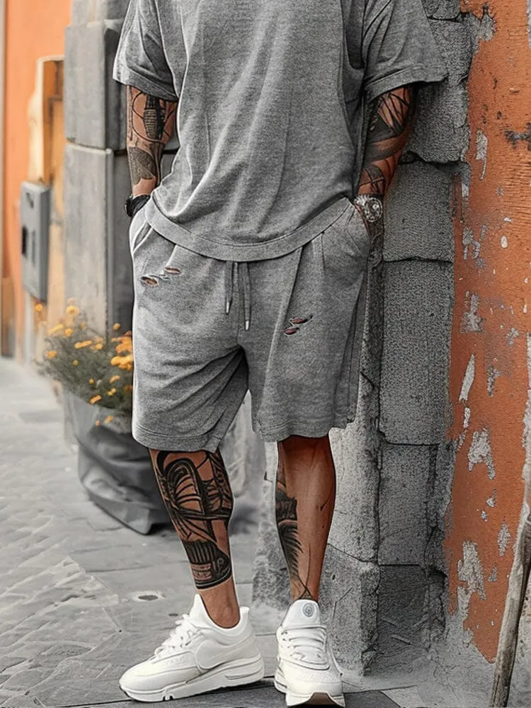 Stylish Distressed Ripped T-shirt Shorts Set