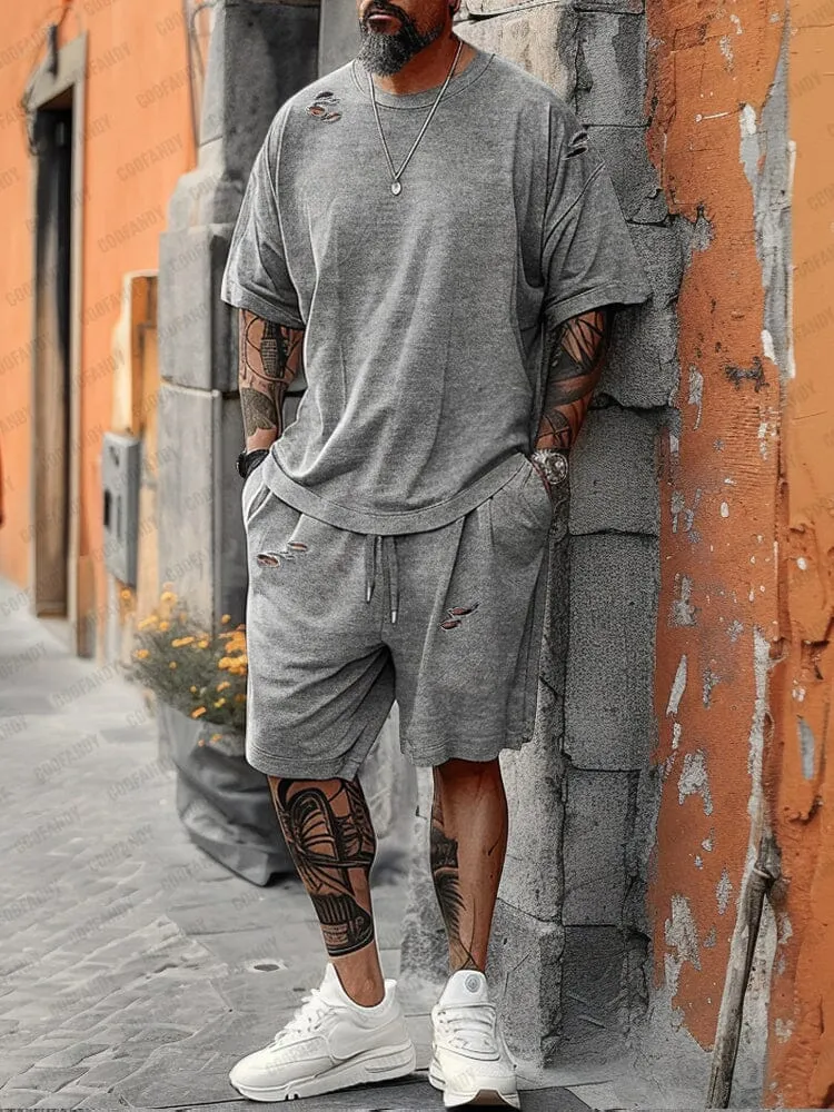 Stylish Distressed Ripped T-shirt Shorts Set