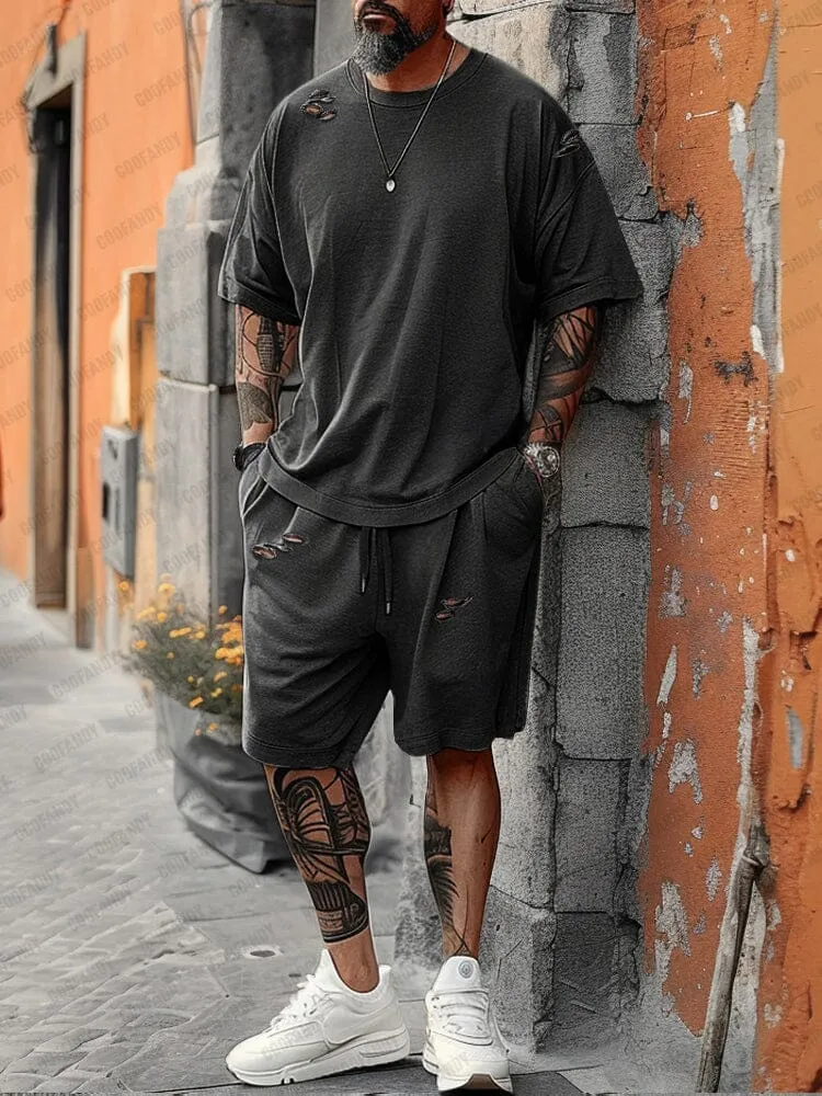Stylish Distressed Ripped T-shirt Shorts Set