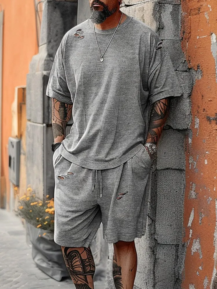 Stylish Distressed Ripped T-shirt Shorts Set