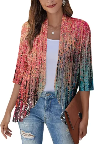 Summer Cardigans for Women Lightweight Ruched 3/4 Sleeve Open Front Cardigan Casual Loose Cover up Shrugs for Dress