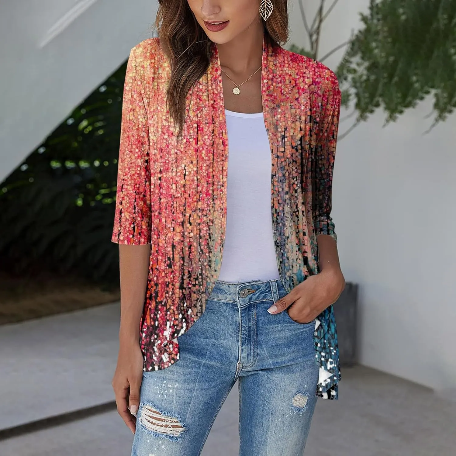 Summer Cardigans for Women Lightweight Ruched 3/4 Sleeve Open Front Cardigan Casual Loose Cover up Shrugs for Dress