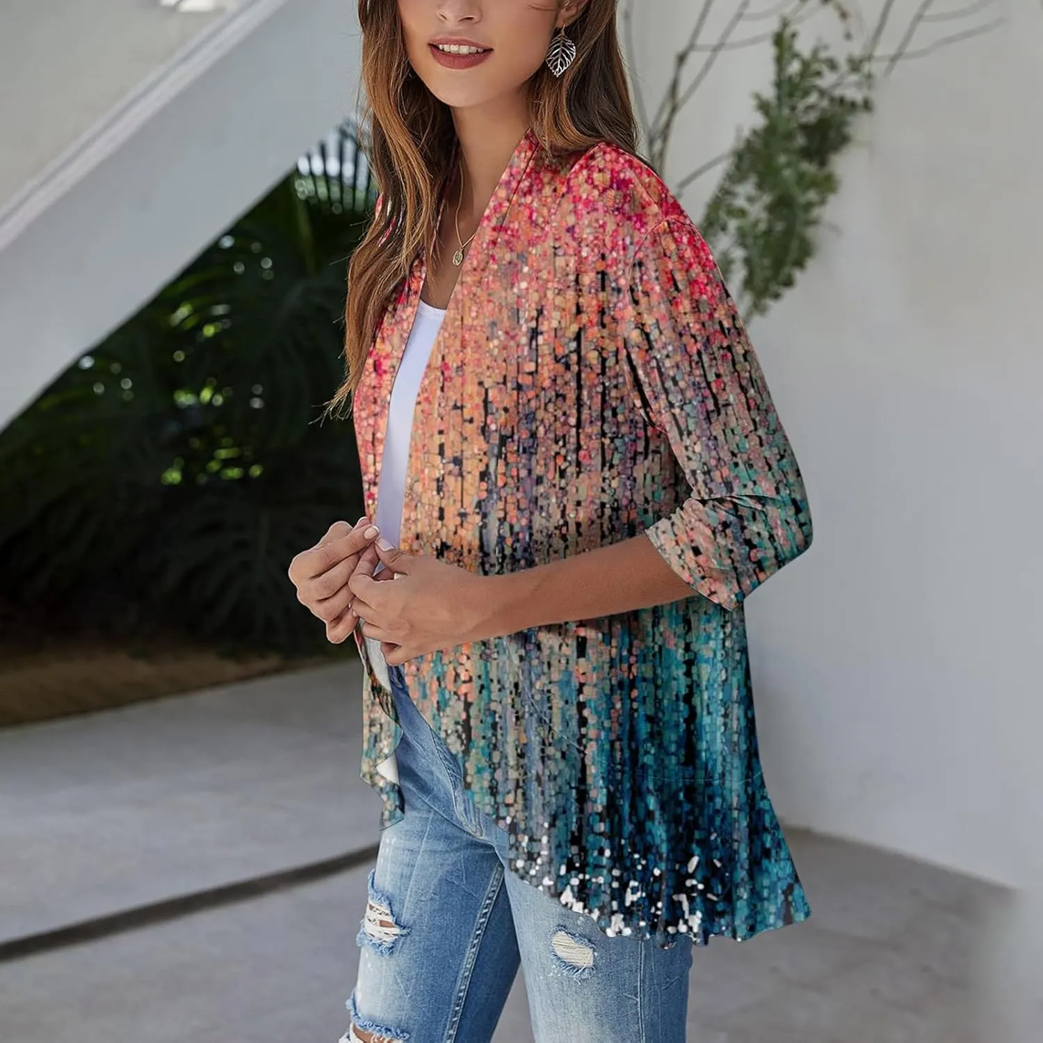 Summer Cardigans for Women Lightweight Ruched 3/4 Sleeve Open Front Cardigan Casual Loose Cover up Shrugs for Dress