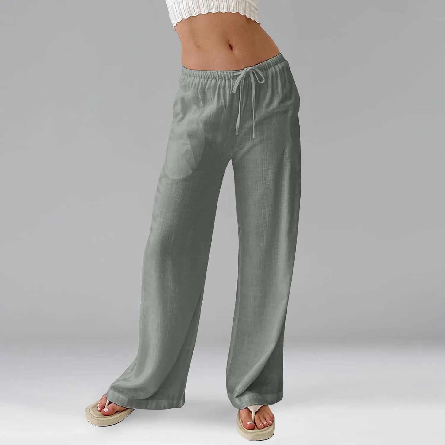 Summer Casual Pants for Women High Wasited Cotton Linen Palazzo Pants Loose Fit Drawstring Work Pants Long Trousers