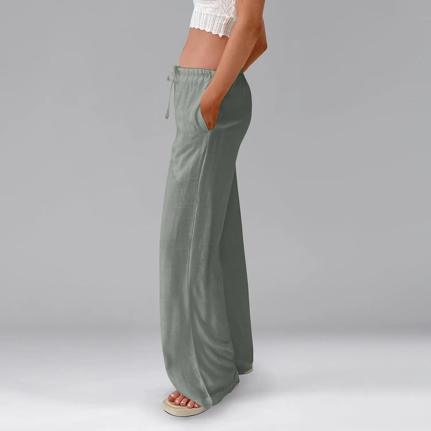 Summer Casual Pants for Women High Wasited Cotton Linen Palazzo Pants Loose Fit Drawstring Work Pants Long Trousers