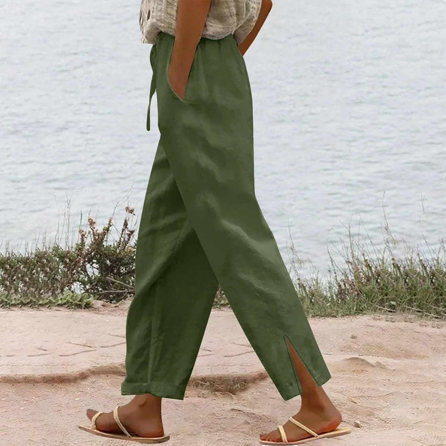 Summer Cotton Linen Pants for Women 2025 Casual Drawstring High Waisted Linen Beach Wide Leg Trousers with Pockets