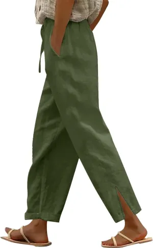 Summer Cotton Linen Pants for Women 2025 Casual Drawstring High Waisted Linen Beach Wide Leg Trousers with Pockets