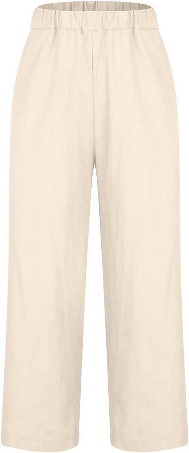 Summer Cotton Linen Pants Women Elastic High Waist Straight Leg Lounge Pants Casual Slacks Crop Trouser with Pockets
