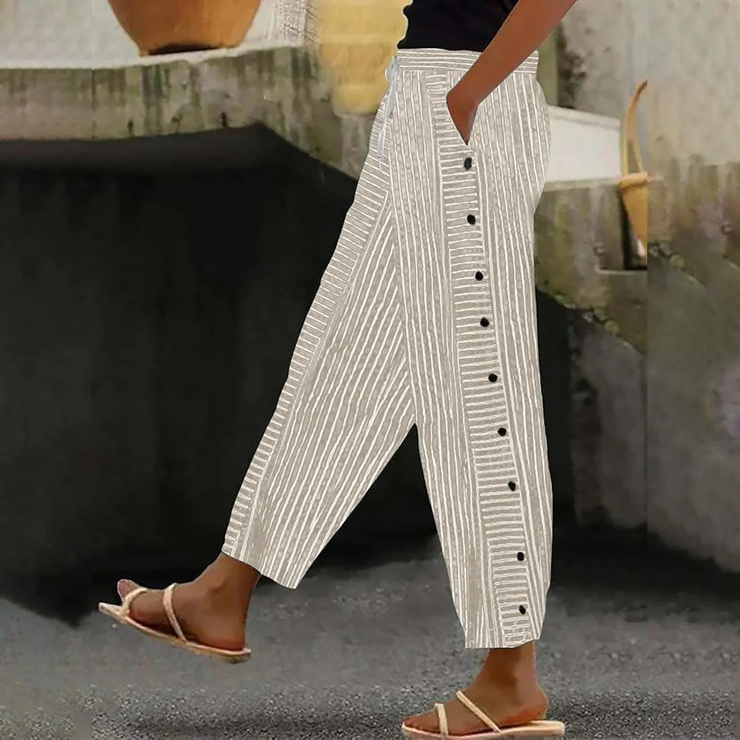 Summer Drawstring Casual Lounge Pant Waistband High Waistband Pocket Pants Side Nine Point Loose Casual