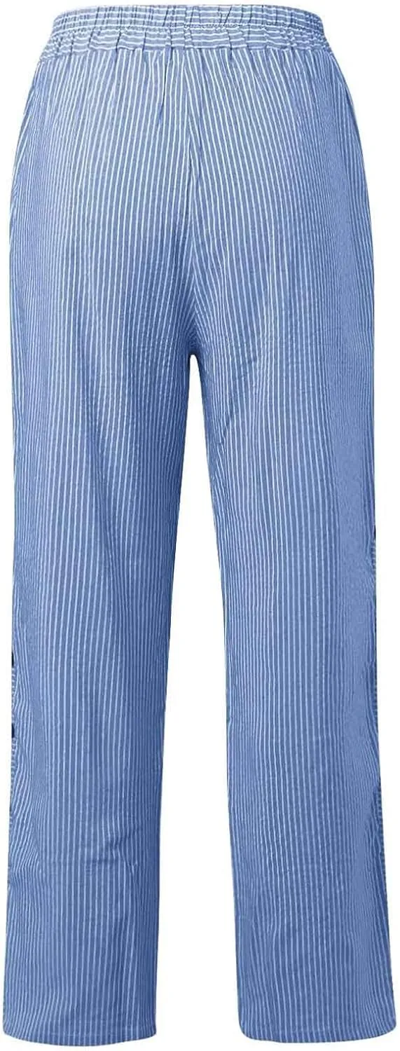 Summer Pants for Women Striped Printed Side Button Pants Baggy Elastic Waist Straight Leg Trousers with Pockets
