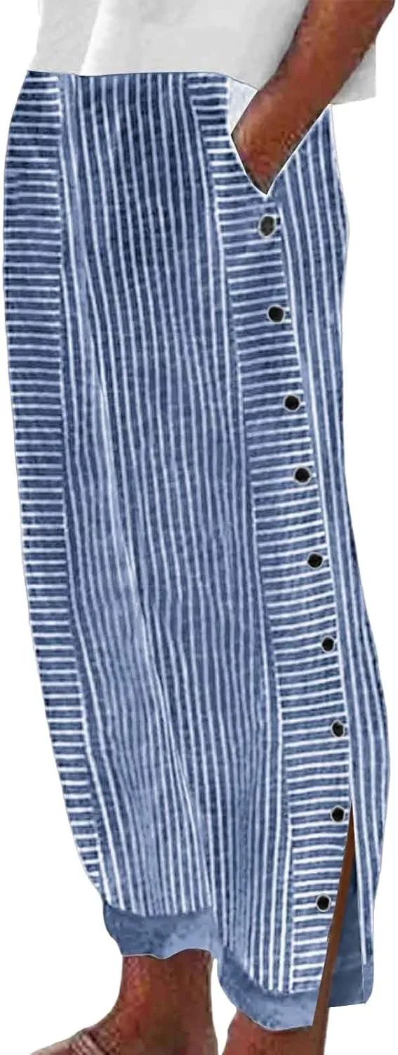 Summer Pants for Women Striped Printed Side Button Pants Baggy Elastic Waist Straight Leg Trousers with Pockets