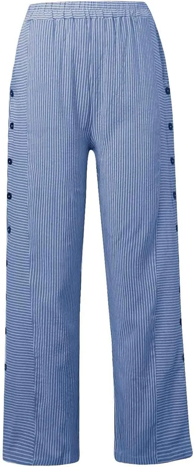 Summer Pants for Women Striped Printed Side Button Pants Baggy Elastic Waist Straight Leg Trousers with Pockets
