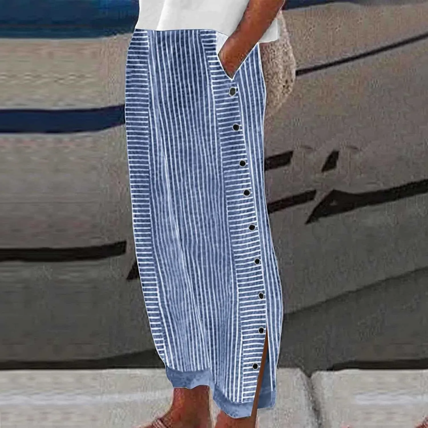 Summer Pants for Women Striped Printed Side Button Pants Baggy Elastic Waist Straight Leg Trousers with Pockets