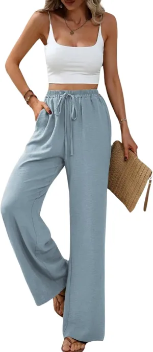 Summer Women's Casual Palazzo Pants Elastic High Waisted Trendy Flowy Wide Leg Beach Trousers with Pockets