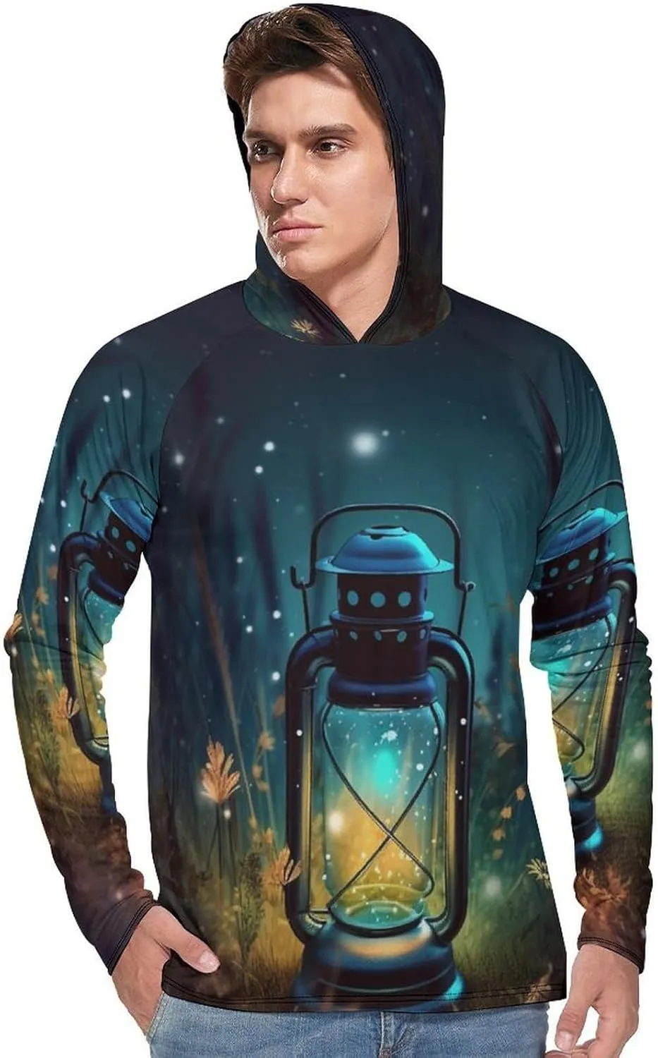 Sun Protection Shirt Long Sleeve Hoodie Fireflies and Lantern Lightweight Rash Guard Quick Dry Sun Shirt for Outdoor