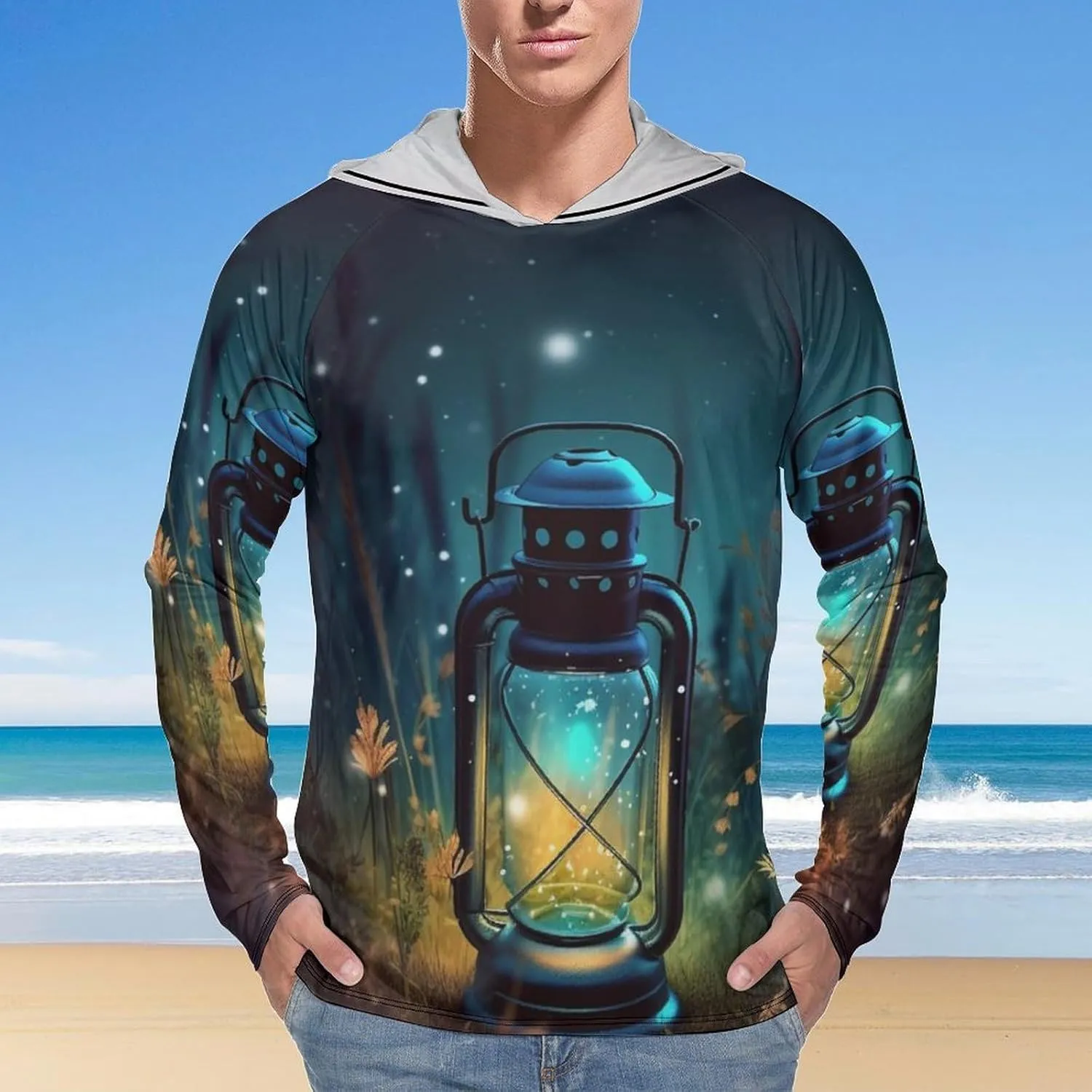 Sun Protection Shirt Long Sleeve Hoodie Fireflies and Lantern Lightweight Rash Guard Quick Dry Sun Shirt for Outdoor