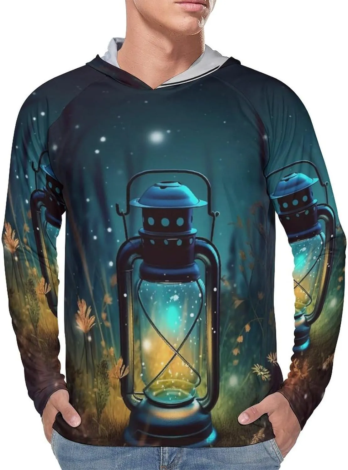 Sun Protection Shirt Long Sleeve Hoodie Fireflies and Lantern Lightweight Rash Guard Quick Dry Sun Shirt for Outdoor