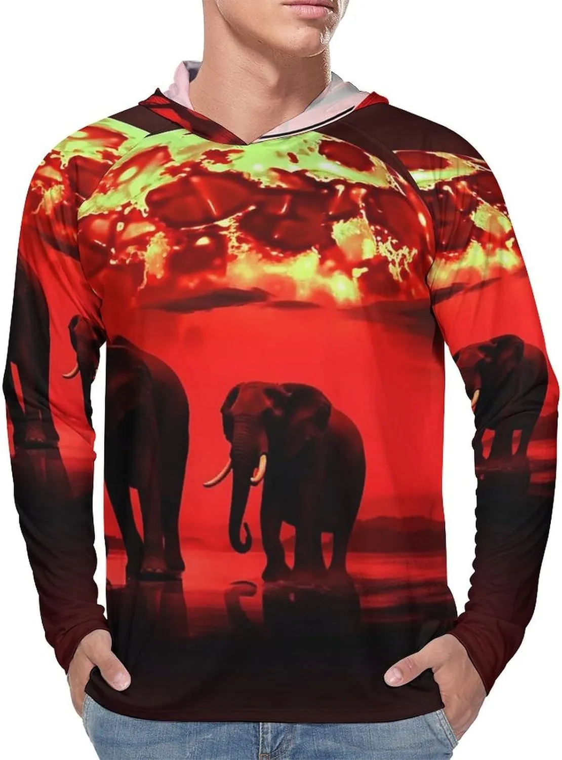 Sun Protection Shirt Long Sleeve Hoodie Red Full Moon Elephants Lightweight Rash Guard Quick Dry Sun Shirt for Outdoor