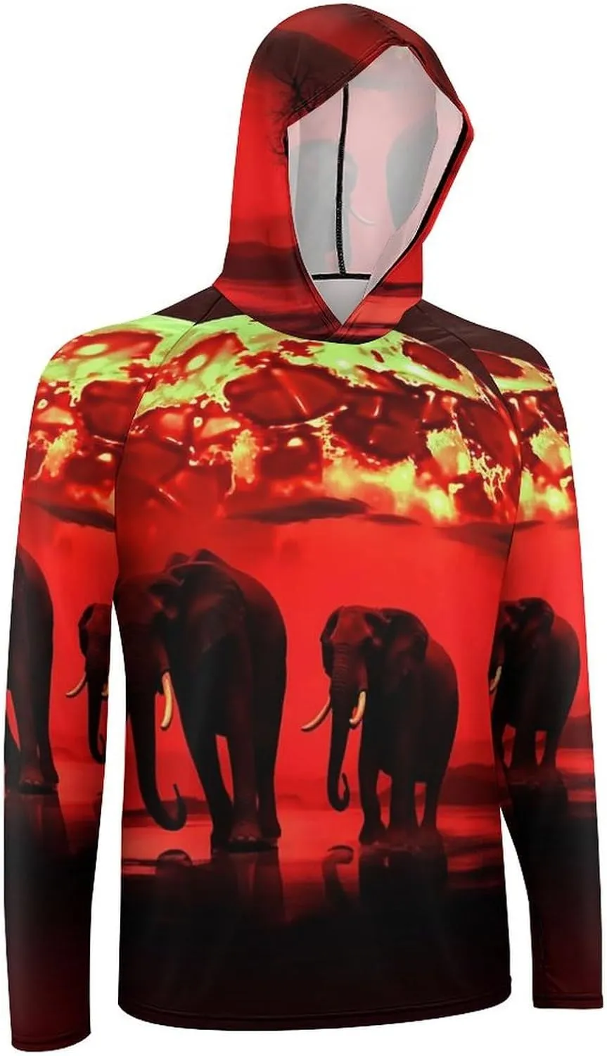 Sun Protection Shirt Long Sleeve Hoodie Red Full Moon Elephants Lightweight Rash Guard Quick Dry Sun Shirt for Outdoor