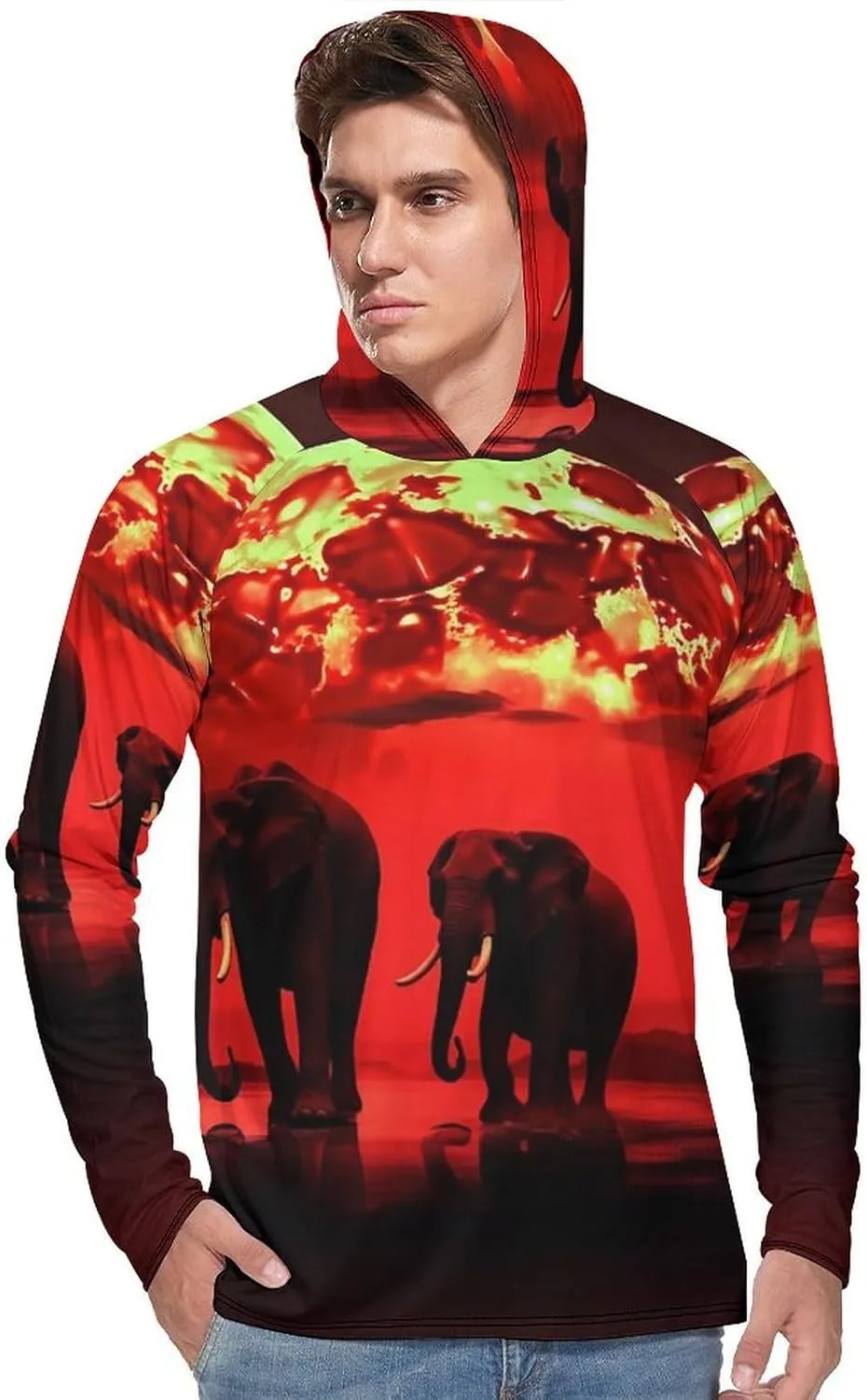Sun Protection Shirt Long Sleeve Hoodie Red Full Moon Elephants Lightweight Rash Guard Quick Dry Sun Shirt for Outdoor