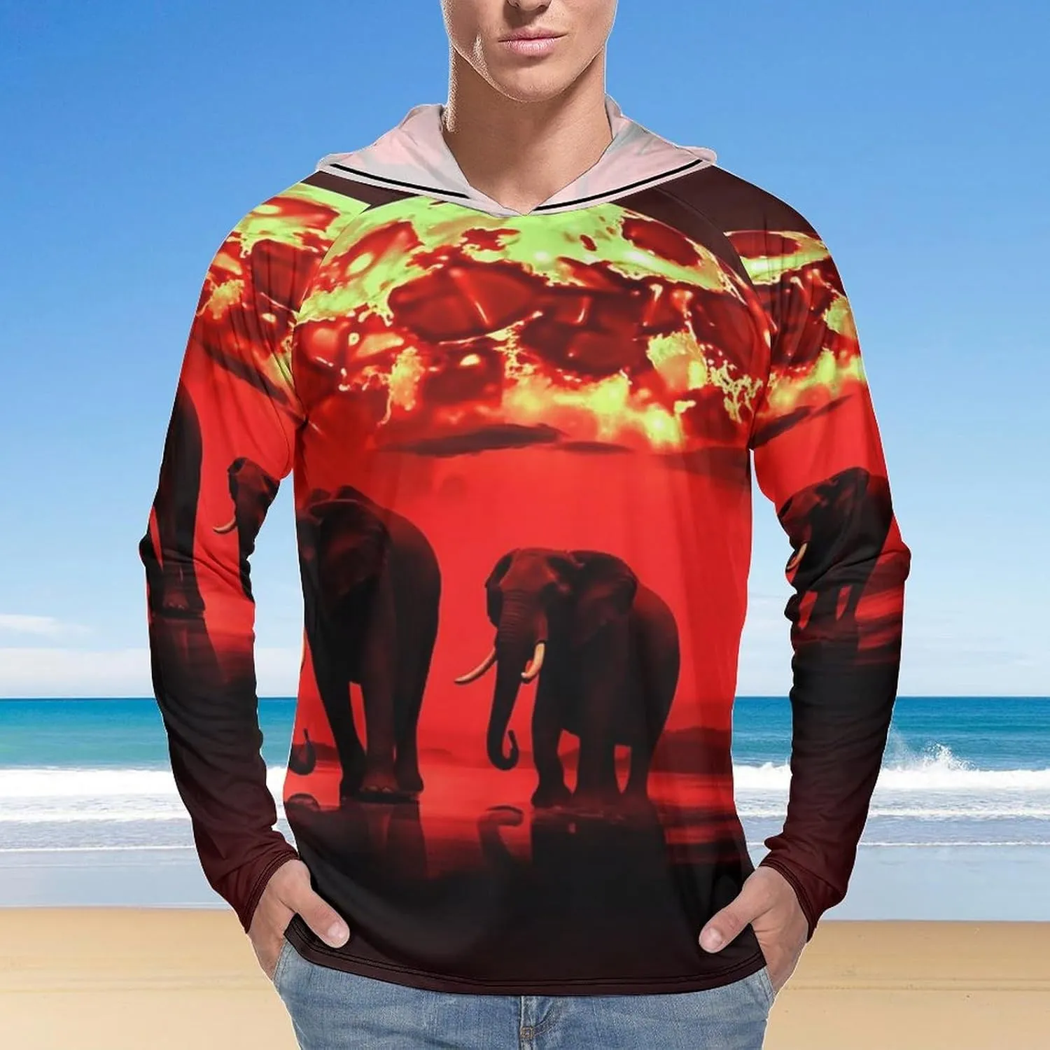 Sun Protection Shirt Long Sleeve Hoodie Red Full Moon Elephants Lightweight Rash Guard Quick Dry Sun Shirt for Outdoor