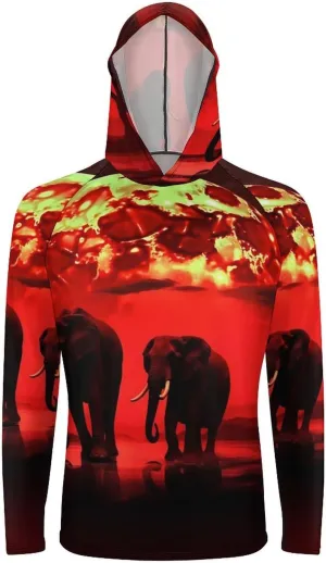Sun Protection Shirt Long Sleeve Hoodie Red Full Moon Elephants Lightweight Rash Guard Quick Dry Sun Shirt for Outdoor