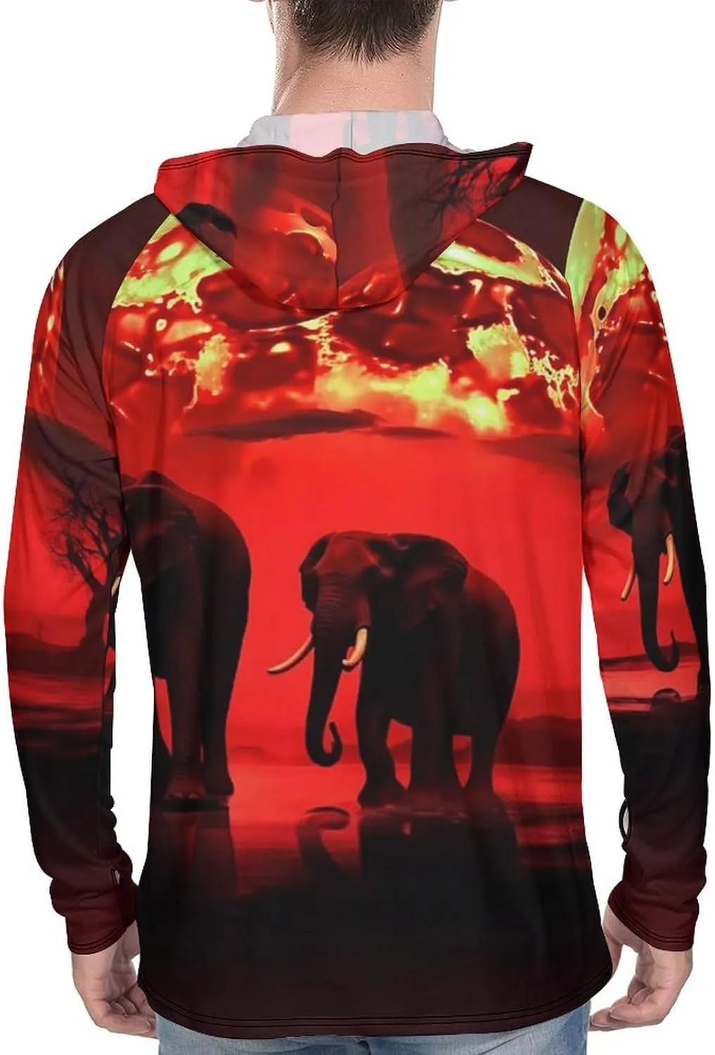 Sun Protection Shirt Long Sleeve Hoodie Red Full Moon Elephants Lightweight Rash Guard Quick Dry Sun Shirt for Outdoor