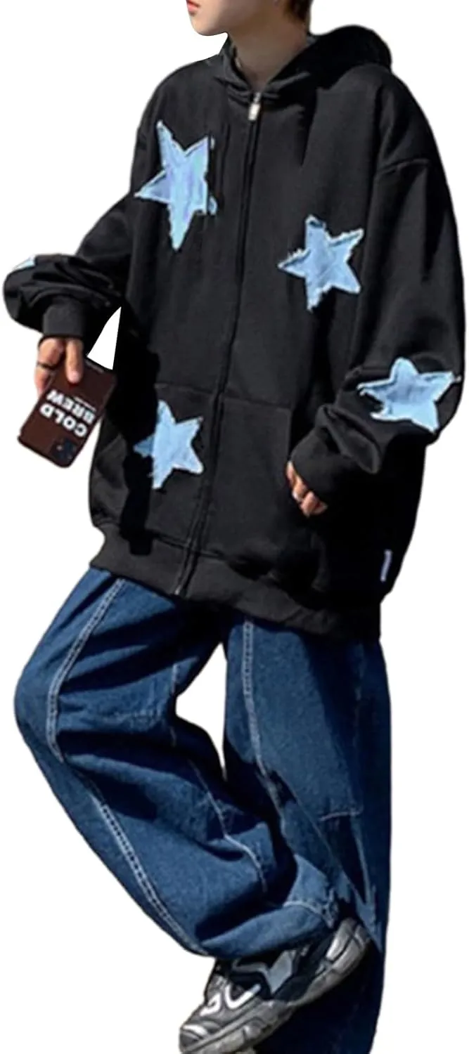 Sunwittafy Womens Full Zip Up Hoodie Y2k Spider Web Oversized Sweatshirt Long Sleeve Punk Jacket Vintage Harajuku Streetwear