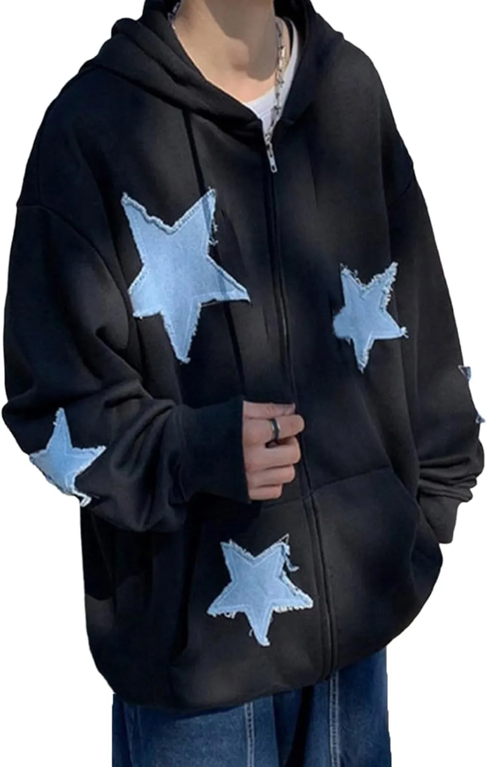 Sunwittafy Womens Full Zip Up Hoodie Y2k Spider Web Oversized Sweatshirt Long Sleeve Punk Jacket Vintage Harajuku Streetwear