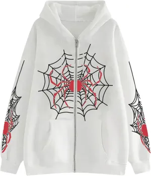 Sunwittafy Womens Full Zip Up Hoodie Y2k Spider Web Oversized Sweatshirt Long Sleeve Punk Jacket Vintage Harajuku Streetwear