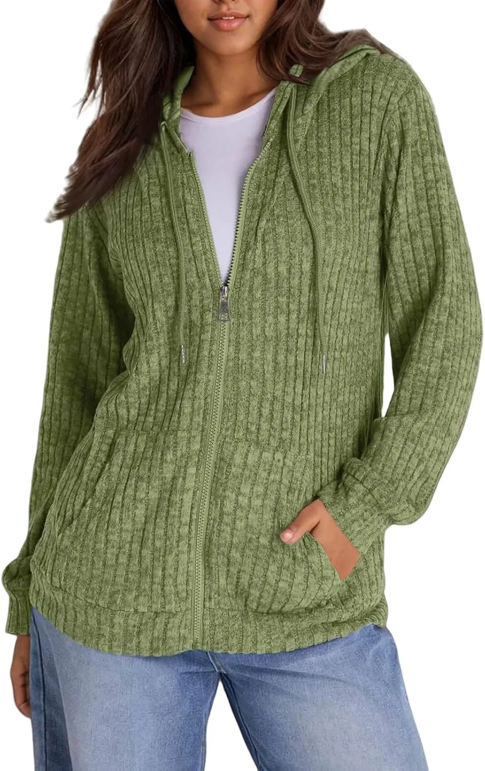 Sweaters for Women Long Sleeve Knitted Zip up Hoodies Ribbed Pullover Loose Casual Sweatshirts with Pocket