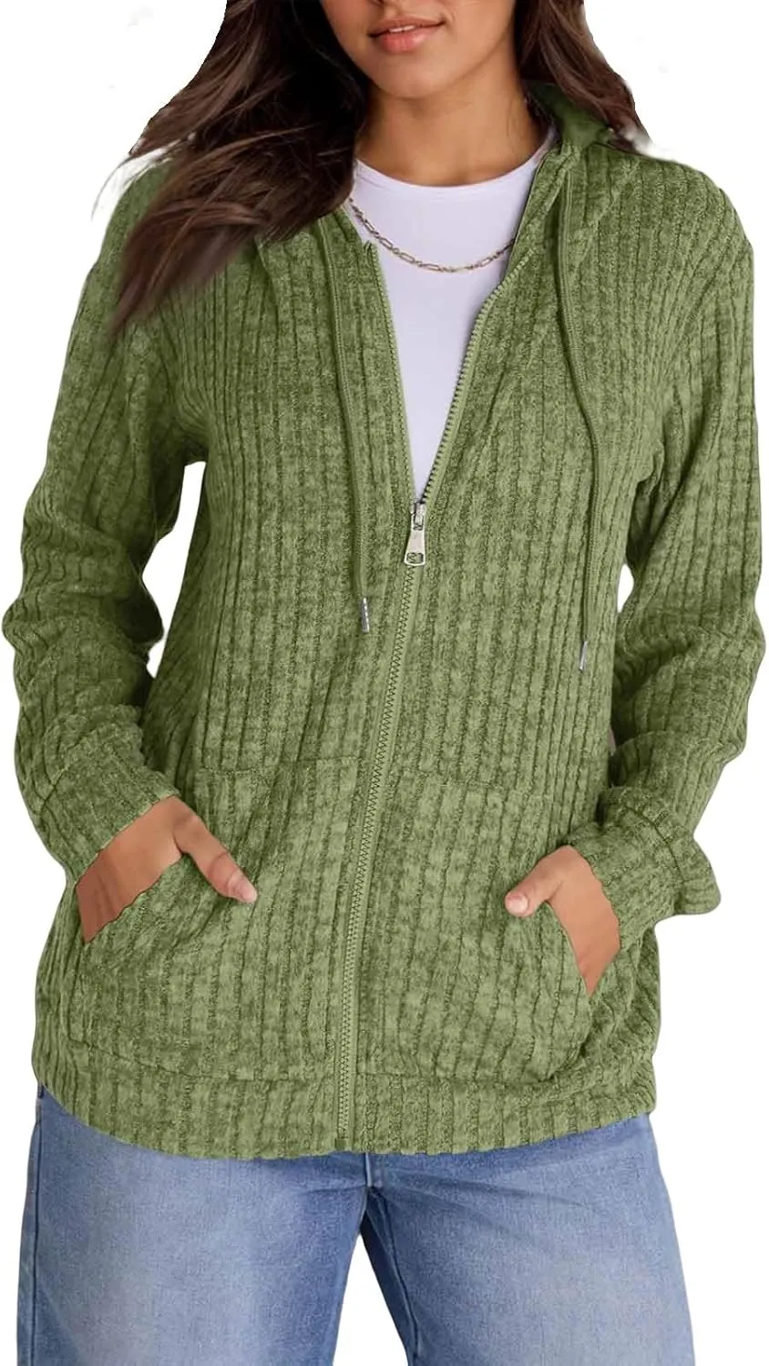 Sweaters for Women Long Sleeve Knitted Zip up Hoodies Ribbed Pullover Loose Casual Sweatshirts with Pocket