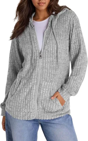 Sweaters for Women Long Sleeve Knitted Zip up Hoodies Ribbed Pullover Loose Casual Sweatshirts with Pocket