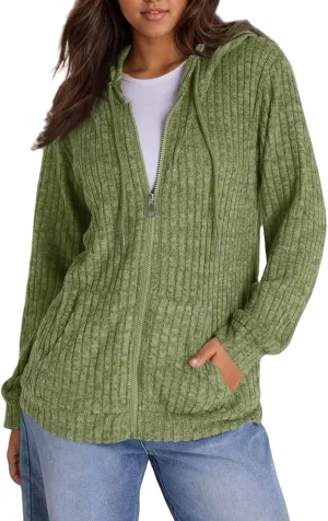 Sweaters for Women Long Sleeve Knitted Zip up Hoodies Ribbed Pullover Loose Casual Sweatshirts with Pocket