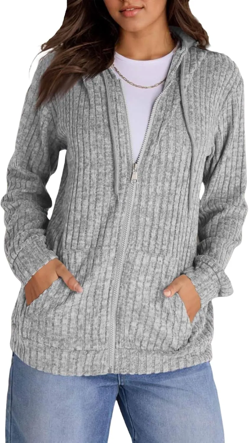Sweaters for Women Long Sleeve Knitted Zip up Hoodies Ribbed Pullover Loose Casual Sweatshirts with Pocket