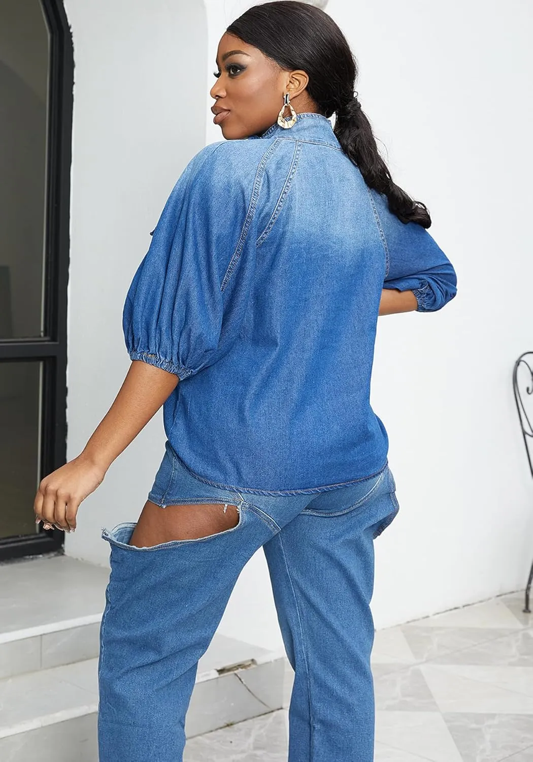 Tbahhir Women's Denim Blouse Blue Bow Tie Jean Shirt Puff Sleeves Mock Neck Cropped Top Casual