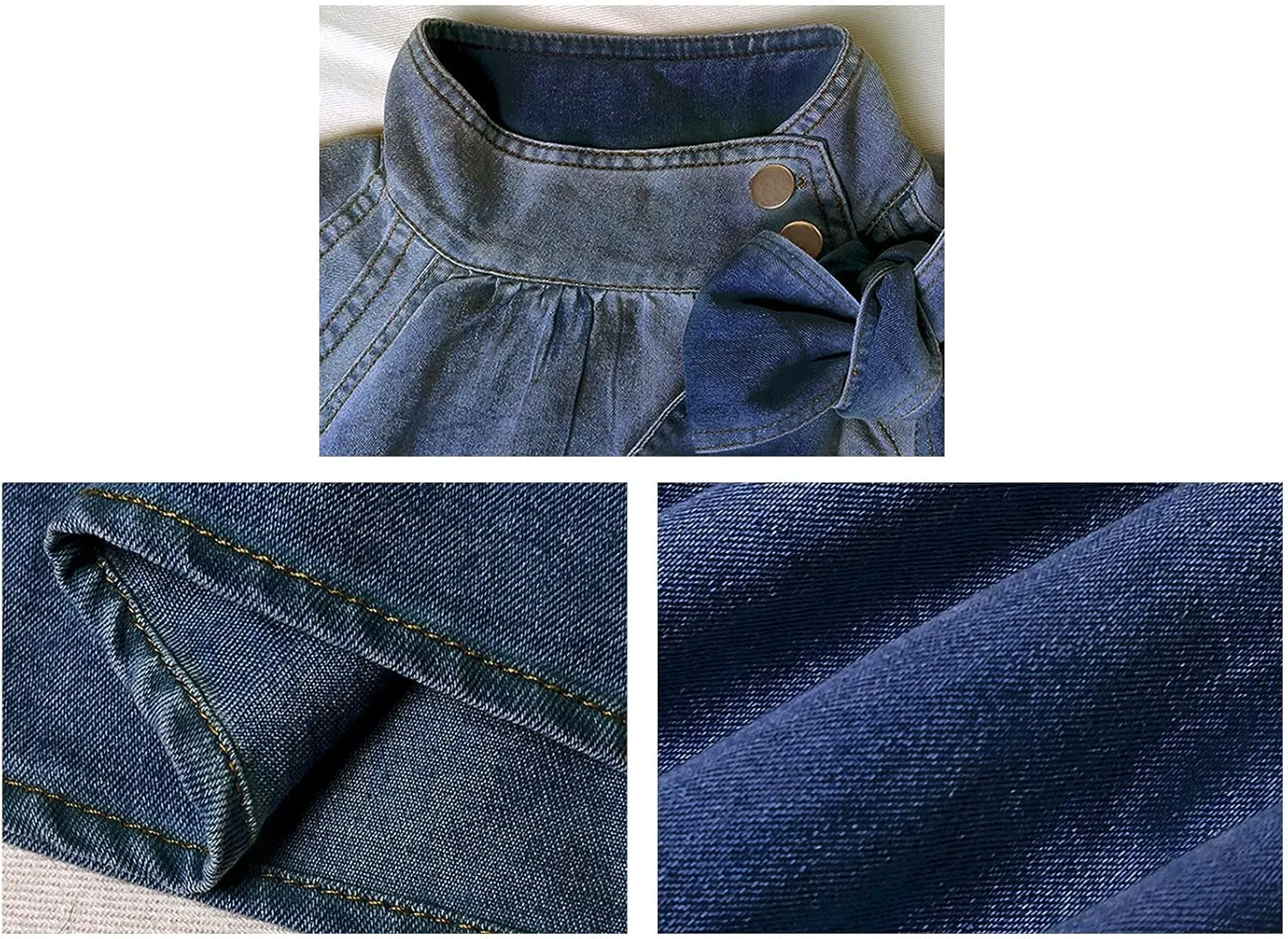 Tbahhir Women's Denim Blouse Blue Bow Tie Jean Shirt Puff Sleeves Mock Neck Cropped Top Casual