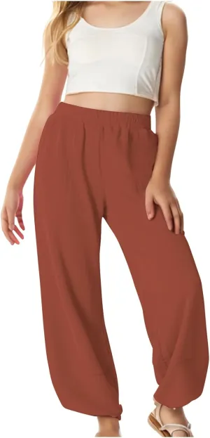 Teen Girls Palazzo Pants 2025 Summer Casual Cotton Linen Trousers Lightweight Elastic Waist Preppy Solid Loose Pant