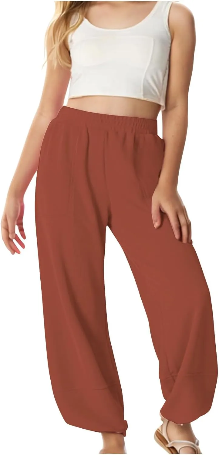 Teen Girls Palazzo Pants 2025 Summer Casual Cotton Linen Trousers Lightweight Elastic Waist Preppy Solid Loose Pant
