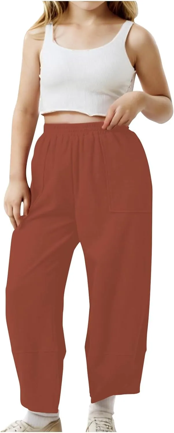 Teen Girls Palazzo Pants 2025 Summer Casual Cotton Linen Trousers Lightweight Elastic Waist Preppy Solid Loose Pant