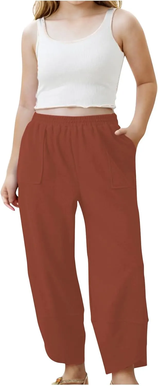 Teen Girls Palazzo Pants 2025 Summer Casual Cotton Linen Trousers Lightweight Elastic Waist Preppy Solid Loose Pant