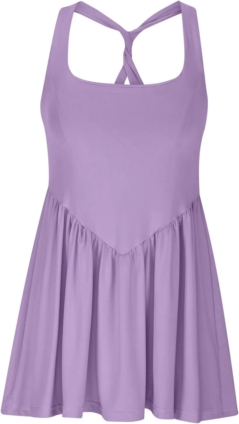 Tennis Dress for Women with Built in Shorts Cross Back Sleeveless Romper Pleated Golf Athletic Workout Dresses
