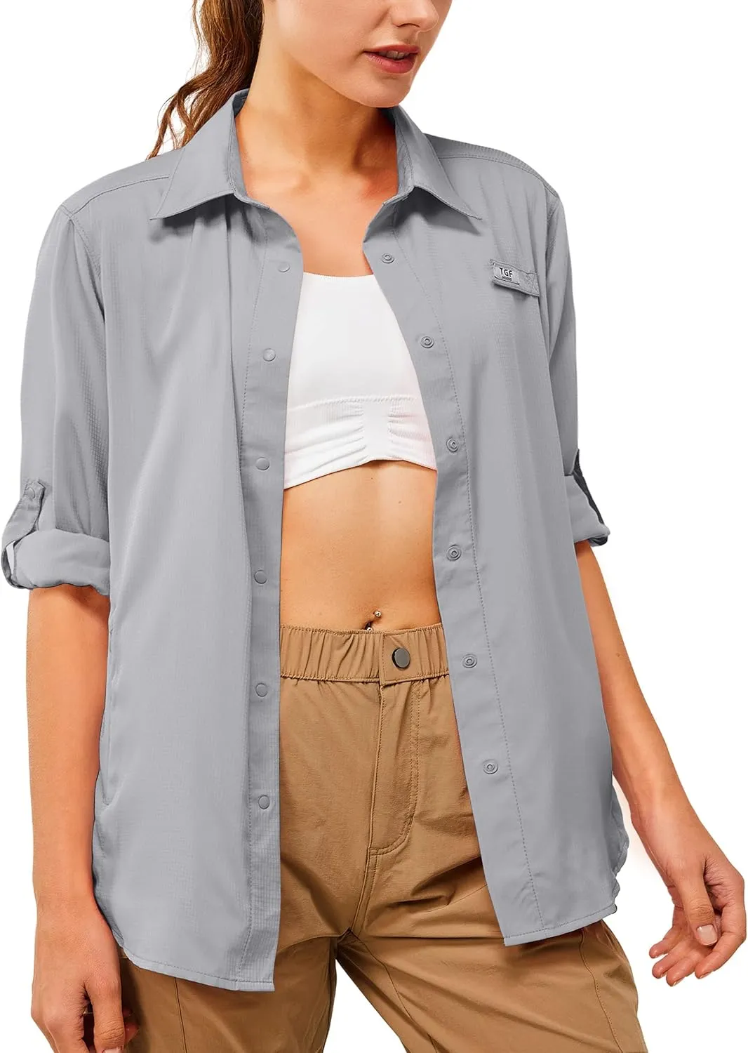 TGF Women's Sun Protection Fishing Shirts Long Sleeve Button Up Shirt with Zipper Pockets for Traveling Hiking Camping