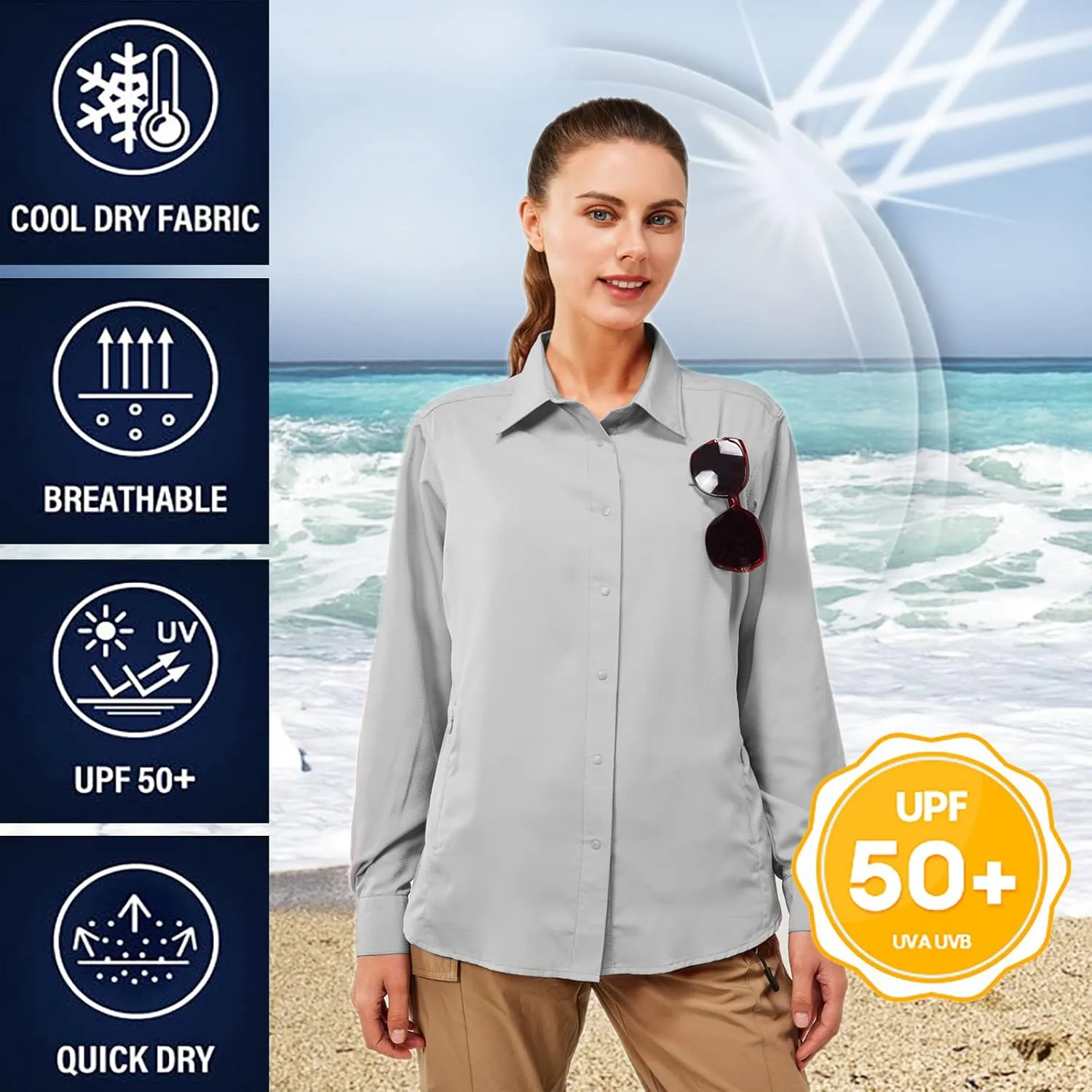 TGF Women's Sun Protection Fishing Shirts Long Sleeve Button Up Shirt with Zipper Pockets for Traveling Hiking Camping