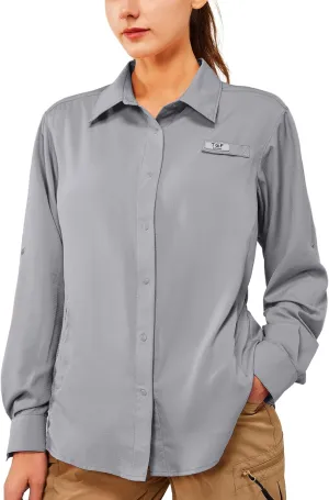 TGF Women's Sun Protection Fishing Shirts Long Sleeve Button Up Shirt with Zipper Pockets for Traveling Hiking Camping