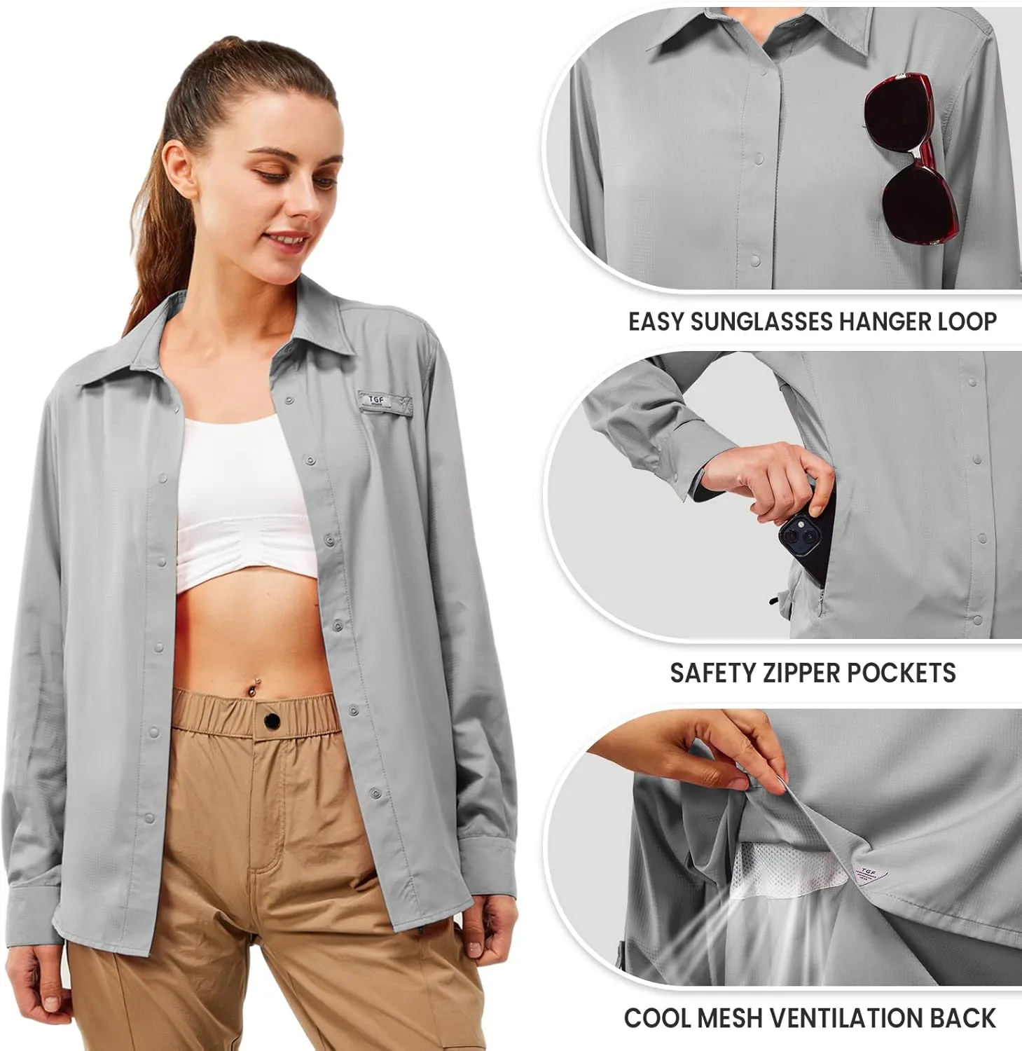 TGF Women's Sun Protection Fishing Shirts Long Sleeve Button Up Shirt with Zipper Pockets for Traveling Hiking Camping